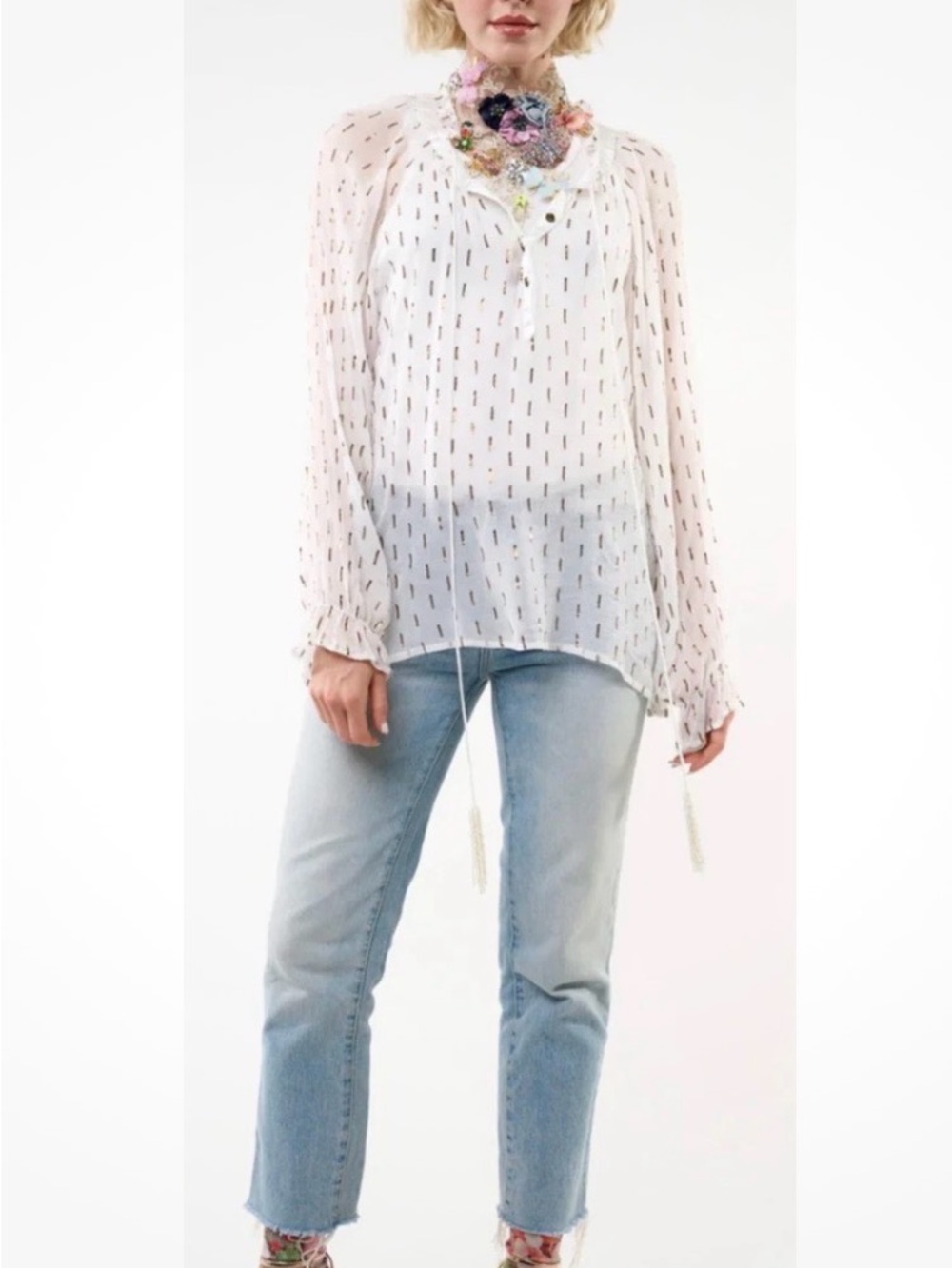 Aratta Sheer White & GoldLong-Sleeve Blouse - with Beaded Tassel Tie. Sz M - Picture 2 of 5